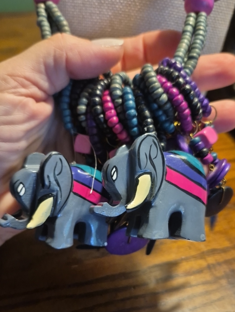 Hand crafted Artisan Wooden Elephant Safari Beaded Necklace
